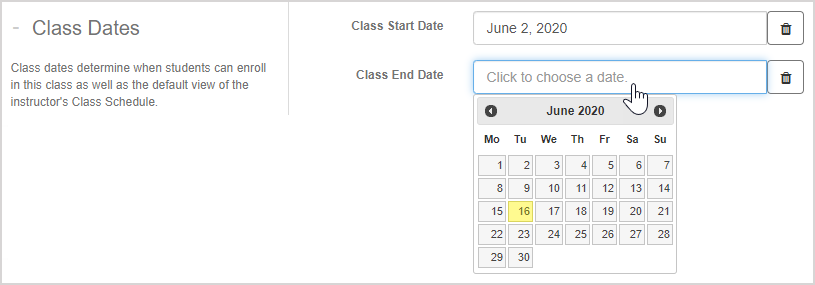 Cursor clicked on the Class End Date field in the Class Dates section. A date is highlighted in the Calendar drop down.